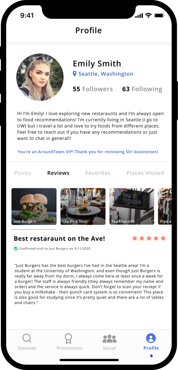 Around Town high-fidelity profile reviews screen